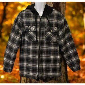 RQQBA Womens Plaid Front Zip Plaid Hood Jacket Size L Black White Front Pockets